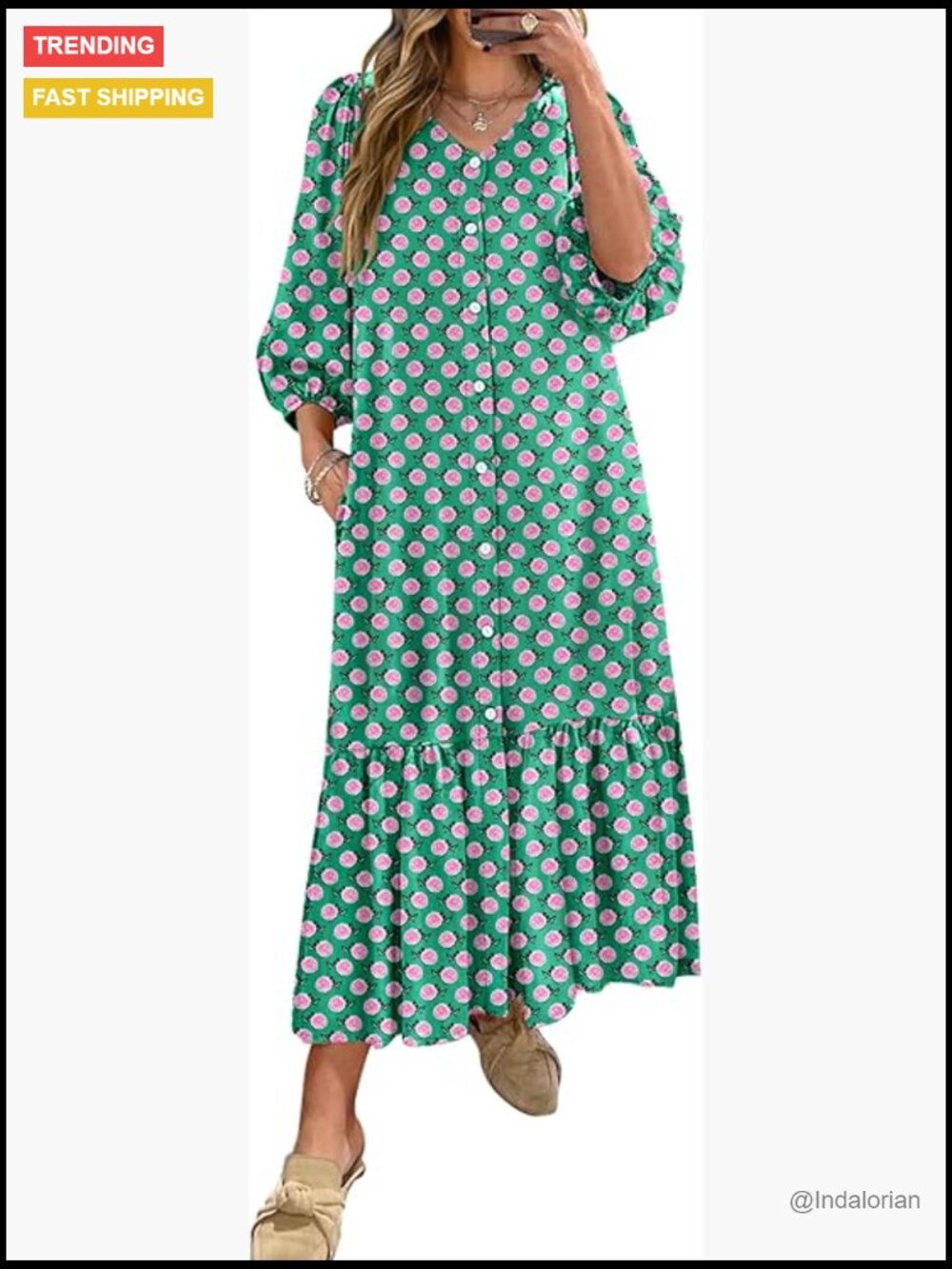 Rayon Maxi Dress with Puff Sleeves V-Neck Pockets Casual Summer